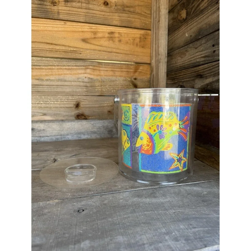 Vintage 90s Clear Ice Bucket Tropical Fish Retro‎ Beach Party With Lid